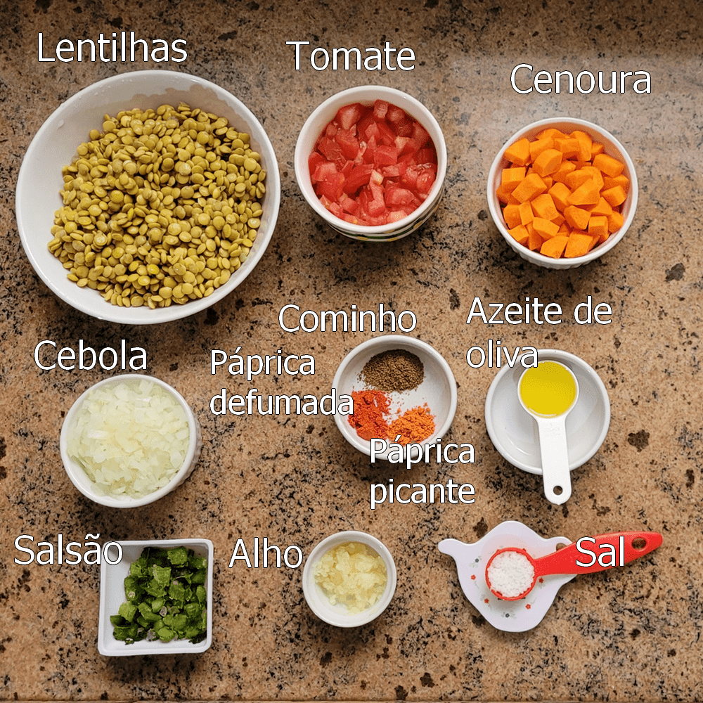 ingredientes da sopa de lentilha com cenoura fitness